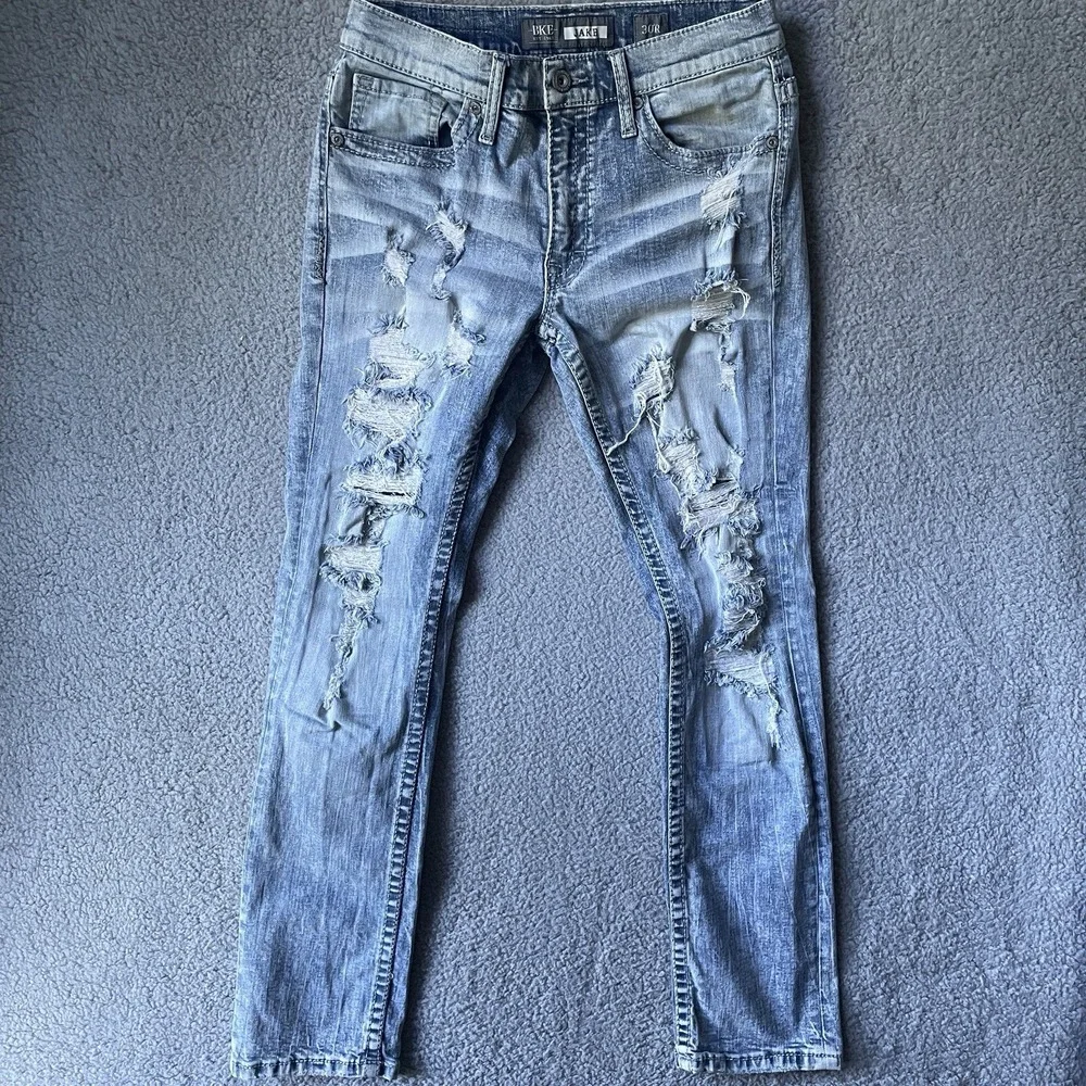 BKE Jake Buckle Denim Jeans Mens 30R 30x30 Regular Straight Distressed Blue